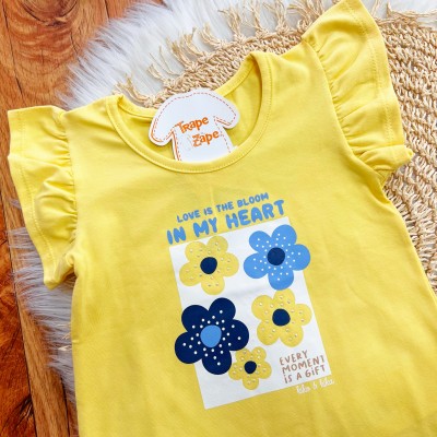 Conj. Blusa Love is the Bloom e Short com Strass - Amarelo e Marinho
